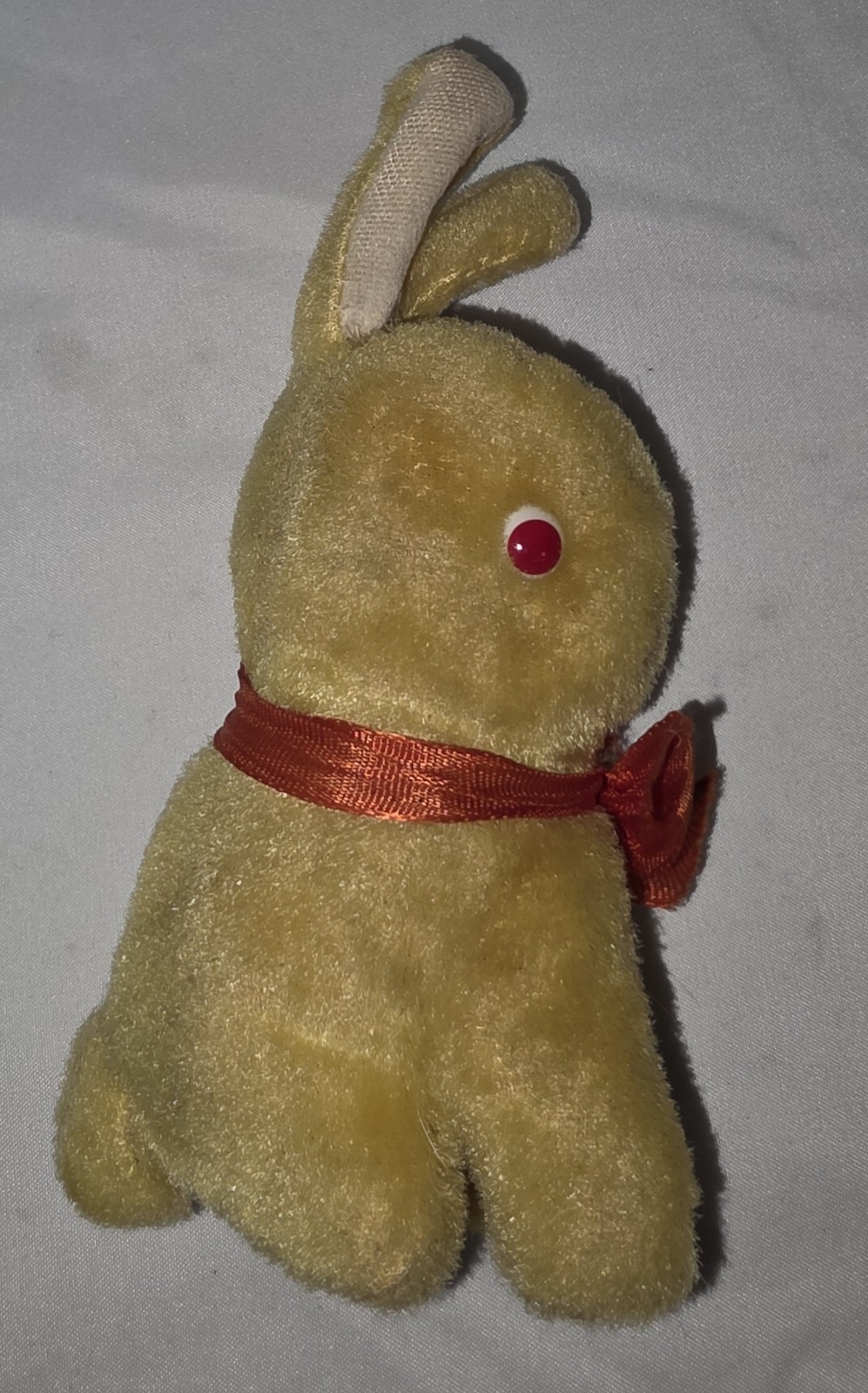 Vintage Small Yellow Stuffed Rabbit Plush with Glass Eyes and Red Ribbon Bow