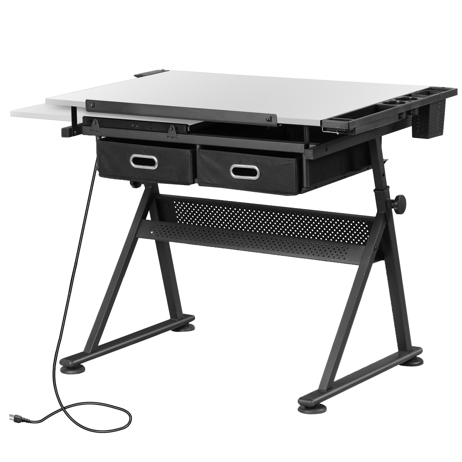 Drafting Table Drawing Desk Adjustable Tabletop w/Charging Station & Stool White