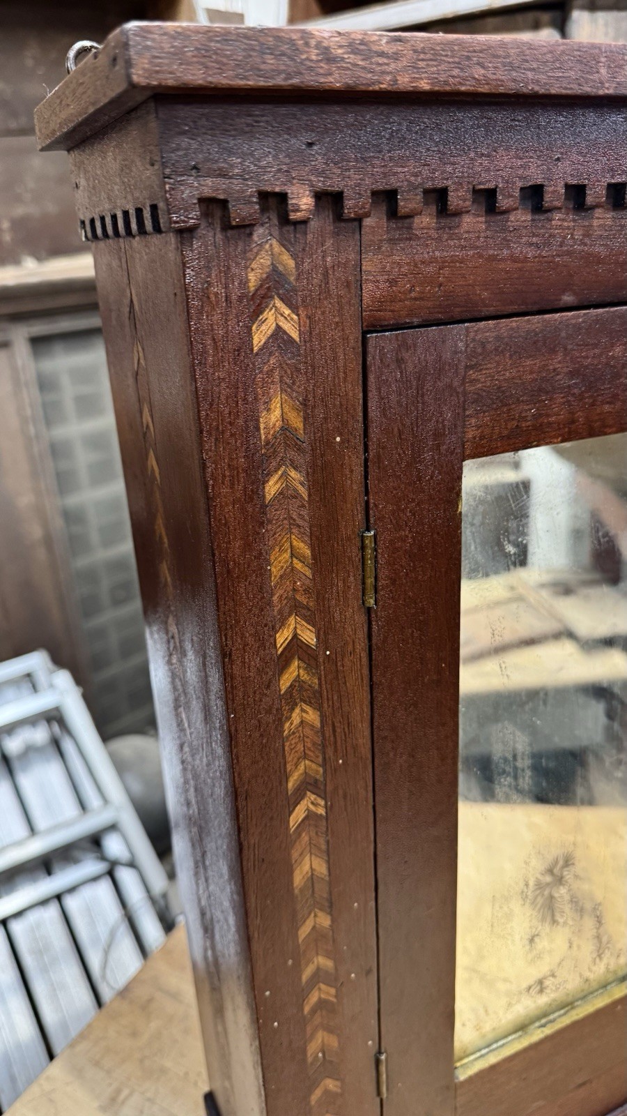 Antique Victorian Medicine Cabinet w/ Inlay Wood Wall Cabinet Original Mirror