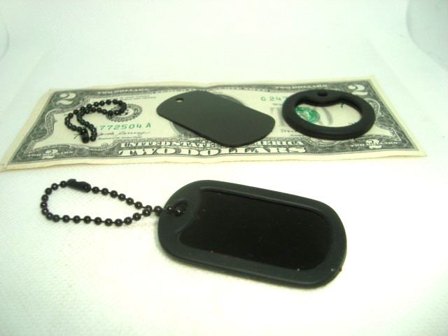 Military Style Dog Tag BLACK  Aluminum + 4.5"in. Black Chain w/Black Silencer