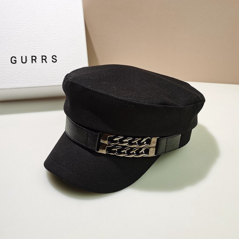 Black Women's Beret Hat w/ Chain Decorated Peaked Cap Newspaper Hat Vintage