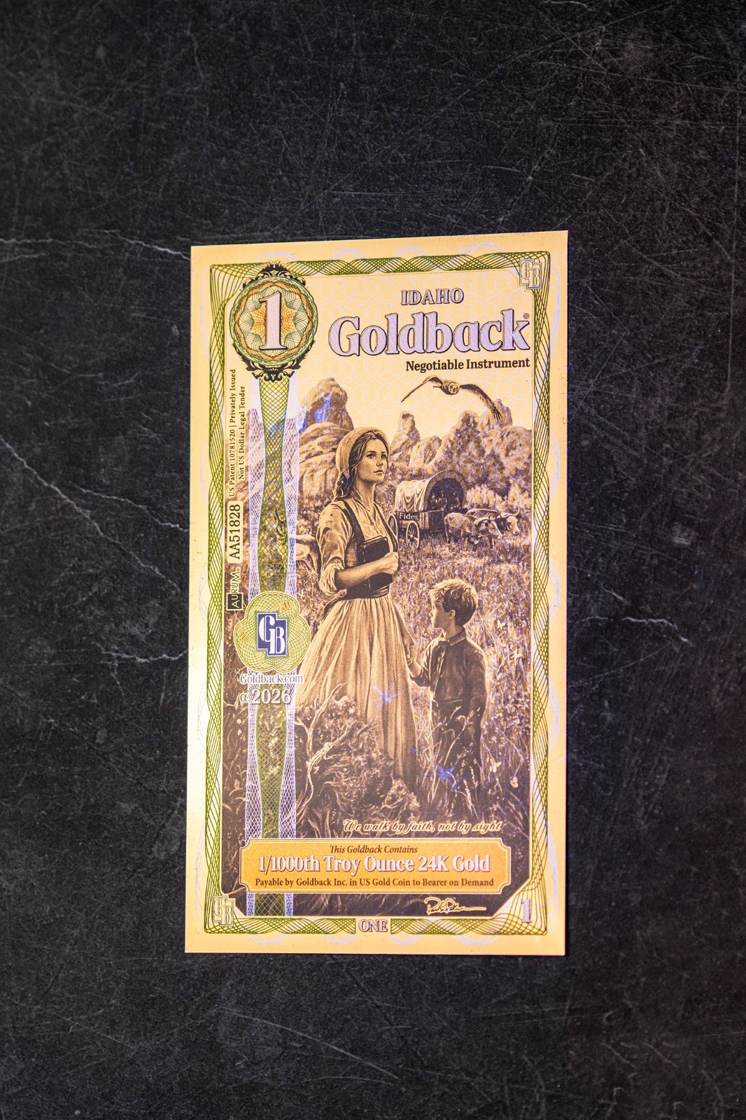 2026 - 1 IDAHO Goldback Aurum Gold Foil Note 1/1000 oz 24kt .999 Fine PRESALE