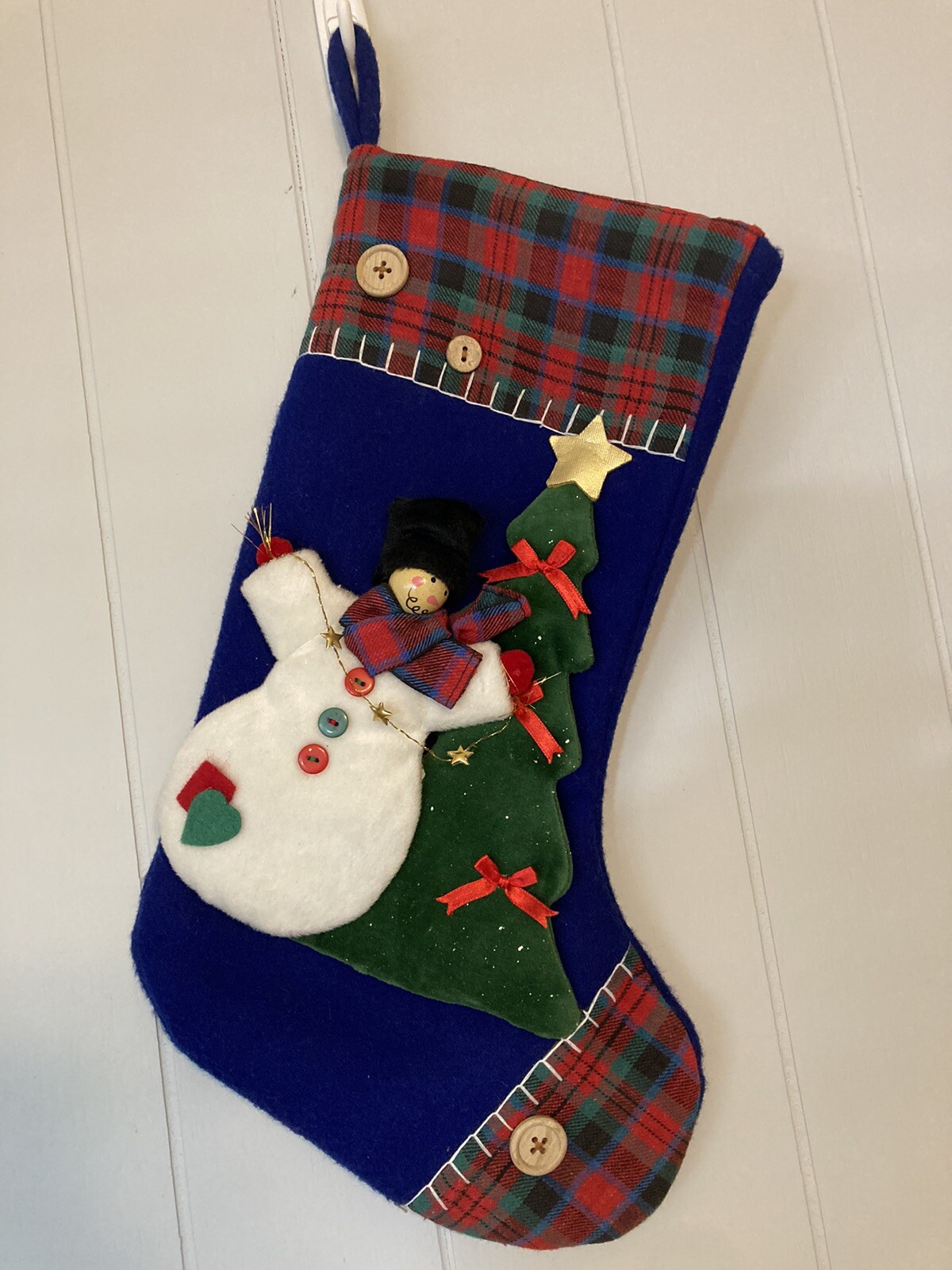World Bazaars Snowman & Tree Padded Christmas Stocking Red Plaid Buttons 16 Inch