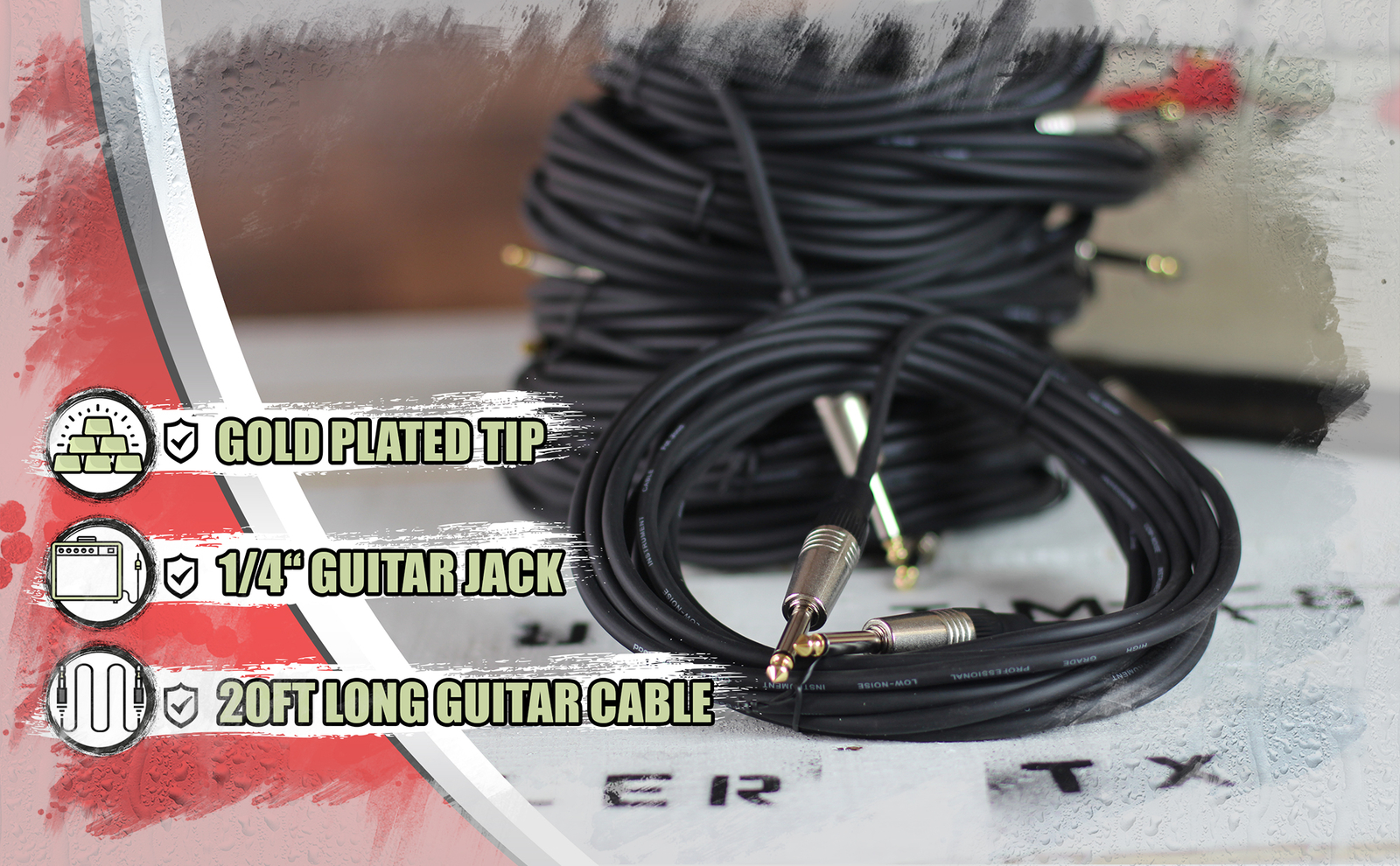 Guitar Cord Instrument Cable - 20FT PACK Electric Wire Bass Music Straight Jack