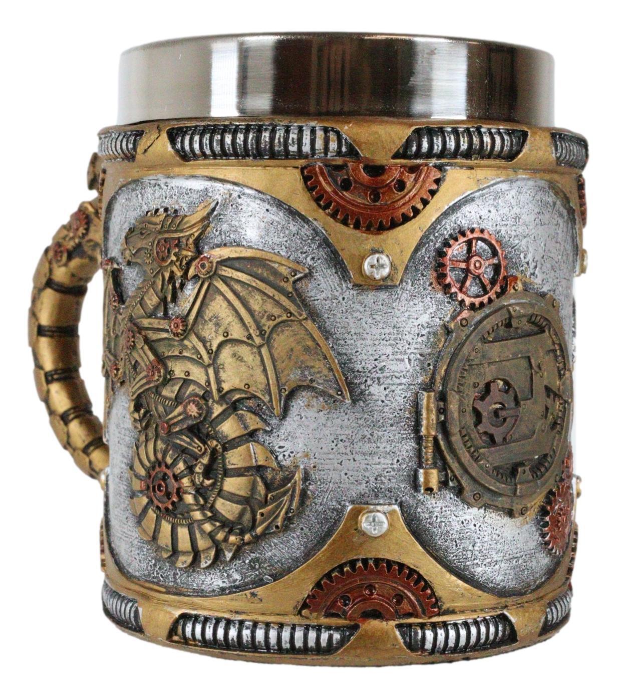 Ebros Golden Steampunk Cyborg Robotic Dragon Beer Stein Tankard Coffee Cup Mug