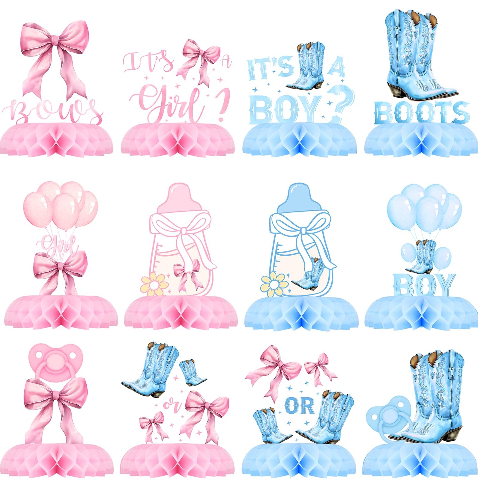 Bows or Boots Gender Reveal Table Centerpieces – 12PCS Pink and Blue Baby...