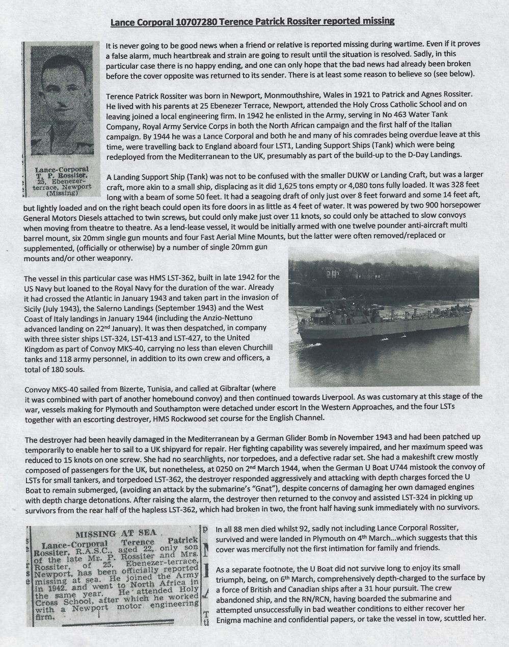 1944 undelivered cover to Lance Corporal Terence Rossiter