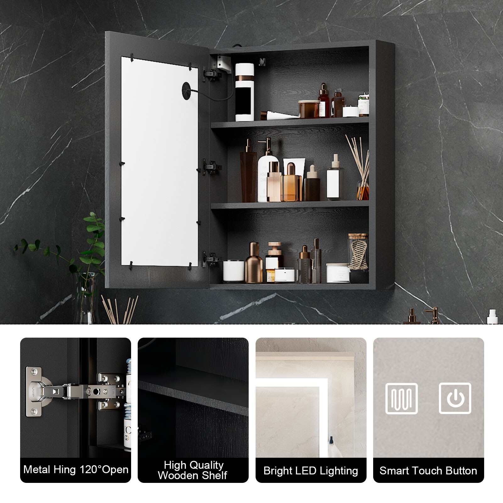 24" x 30" LED Bathroom Medicine Cabinet w/ Lighted Mirror Anti-Fog Touch Sensor