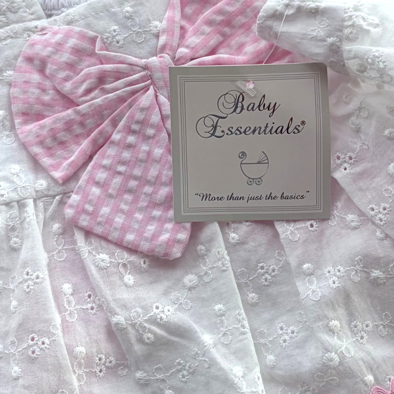 New Baby Essentials Baby Girls Pinafore Dress White Eyelet/Pink Seersucker Sz 6M