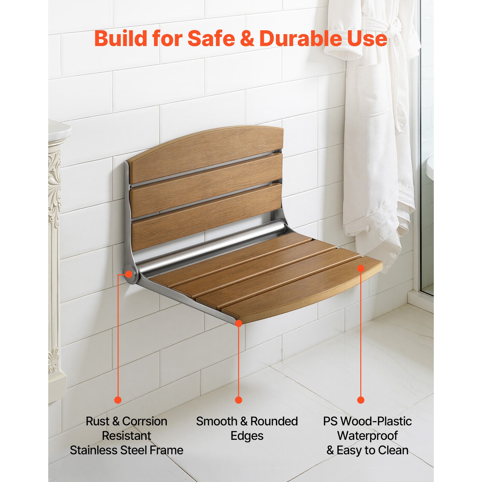 Uimoso Foldable Shower Seat Wall Mounted Folding Shower Bench 400LBS Capacity