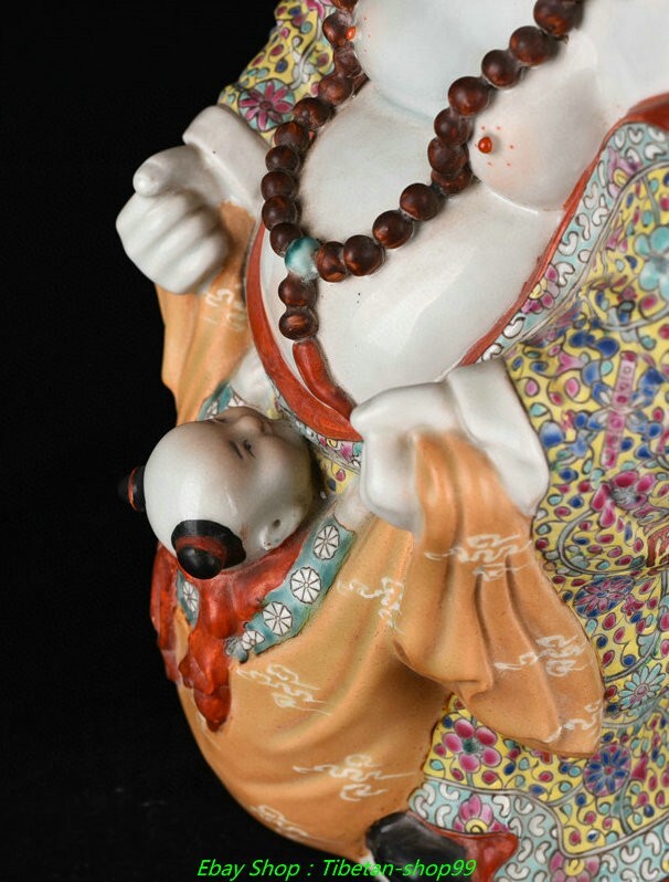 11.8''Old Famille Rose Porcelain Gilt Tongzi Happy Laugh Maitreya Buddha Statue