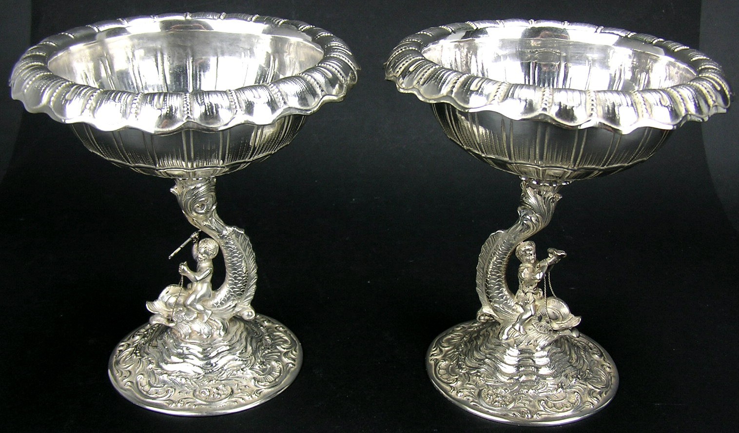 Pair Old 800 Silver German Sweet Meat Compotes Putti Riding Dolphin Hanau 627g