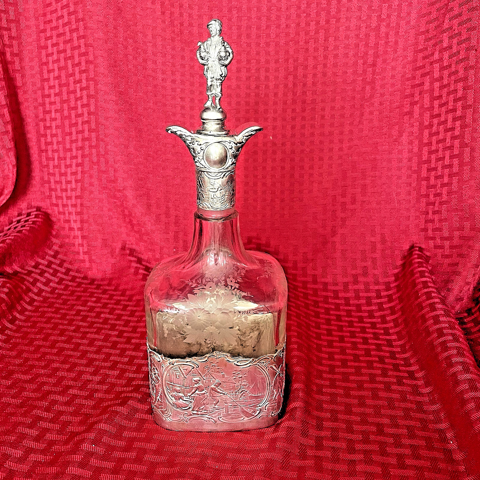 ANTIQUE GERMAN HANAU .800 SILVER OVERLAY ON ETCHED DECANTER