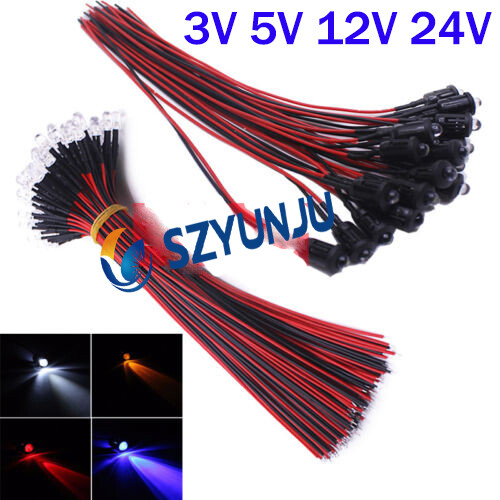 3V 5V 12V 24V 5MM LED Diode Light Clear 20cm Cable Pre-Wired With Plastic Holder
