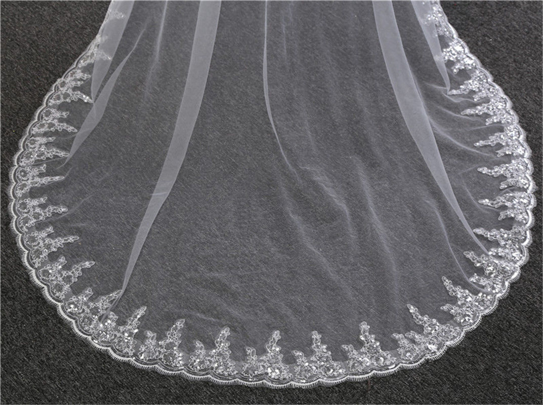 10Ft Long White Wedding Bridal Veils with Embroidery Lace Edge Bride Supplies US