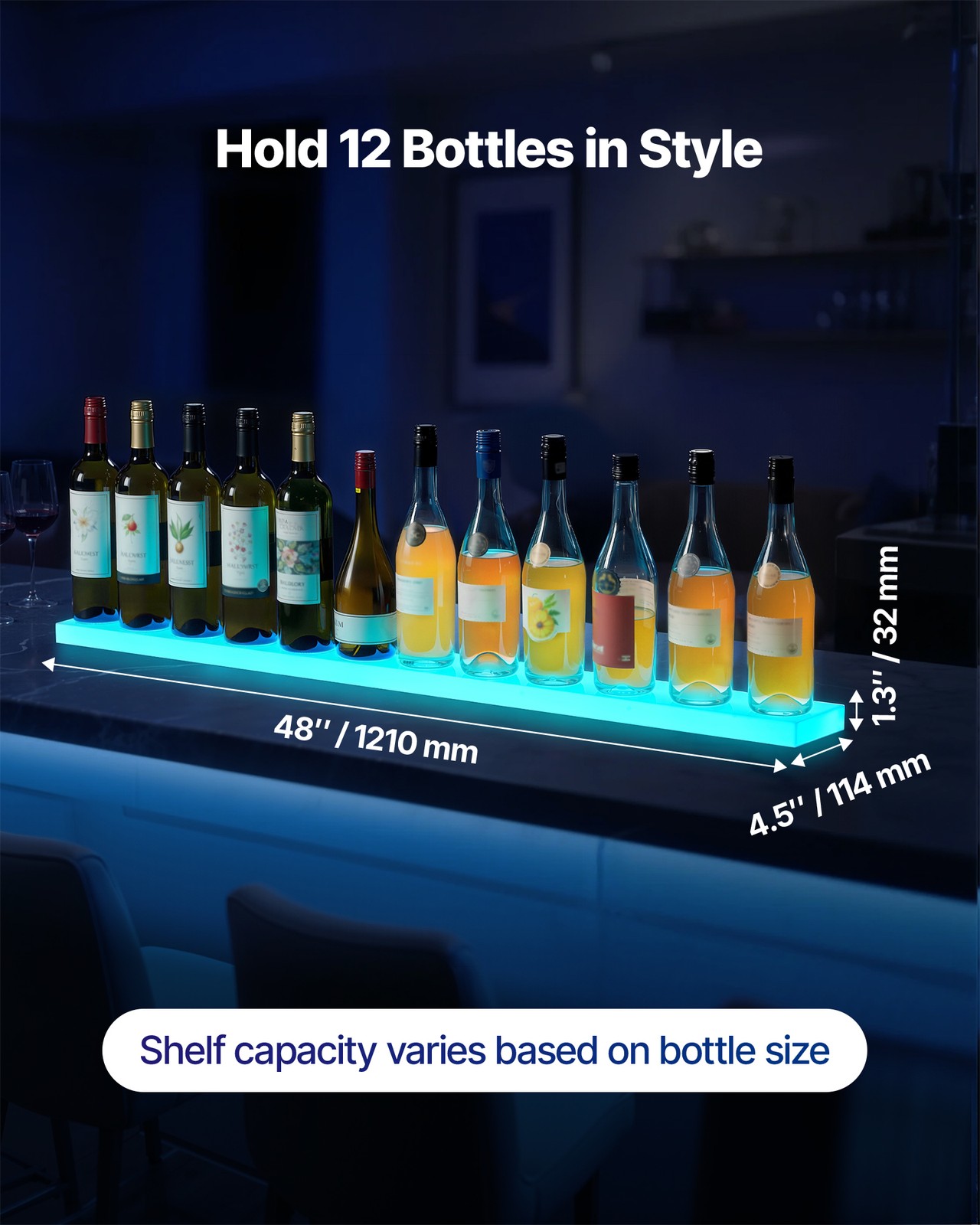 VEVOR LED Lighted Liquor Bottle Display 1-Tier 48 Inches for 12 Bottles