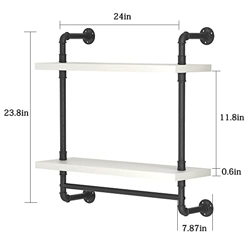 Helsin 24in Industrial Pipe Shelving, 2 Tier Rustic Wood Floating Bathroom