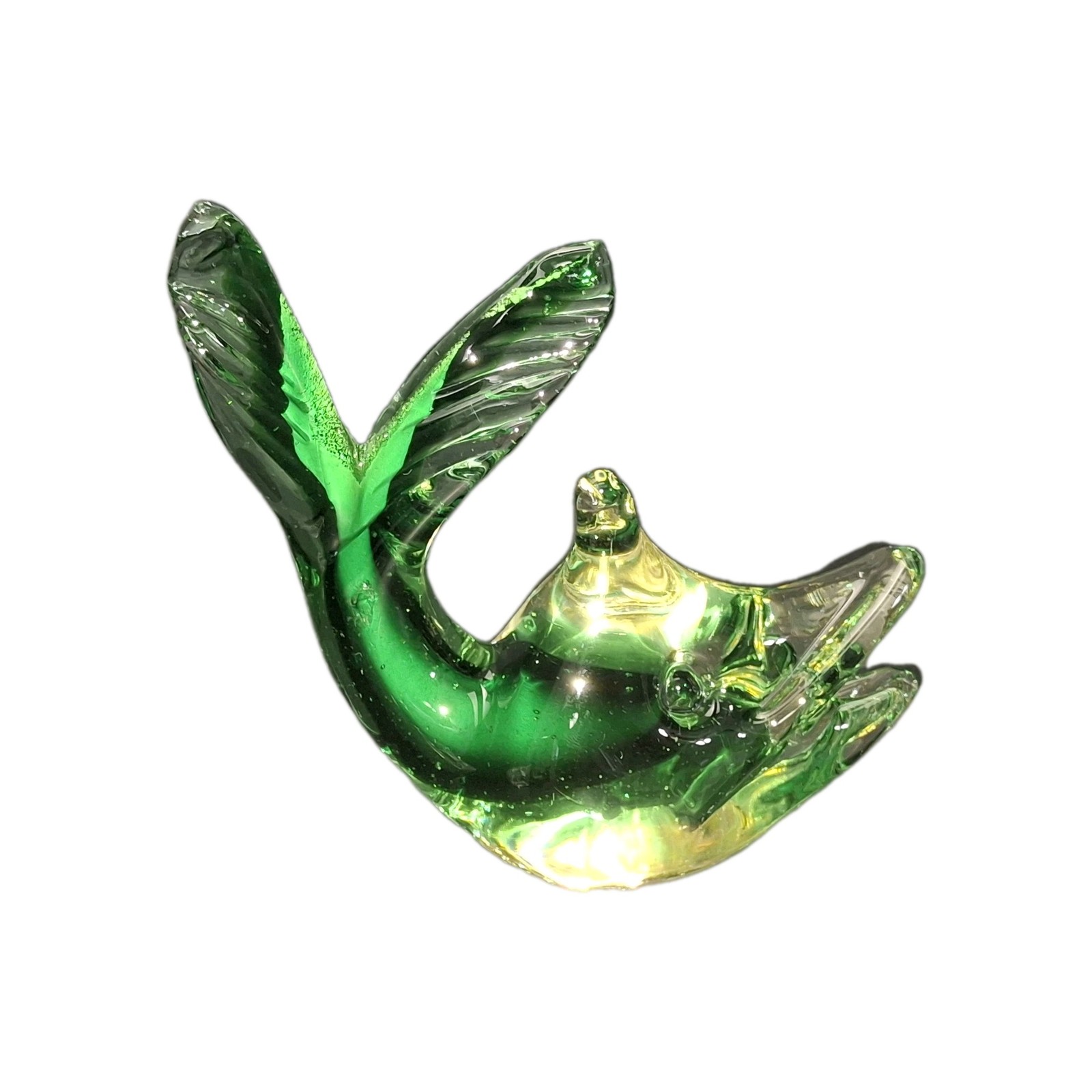 Vintage Green Glass Fish Sculpture Murano Paperweight Made in Italy Sunken Eyes