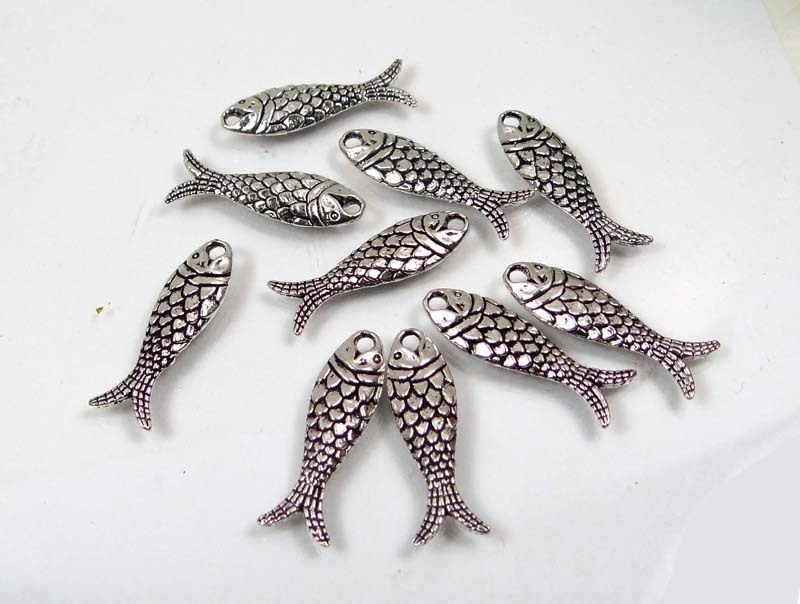 10 Antique Silver Pewter Fish Bead Charms 24x7mm