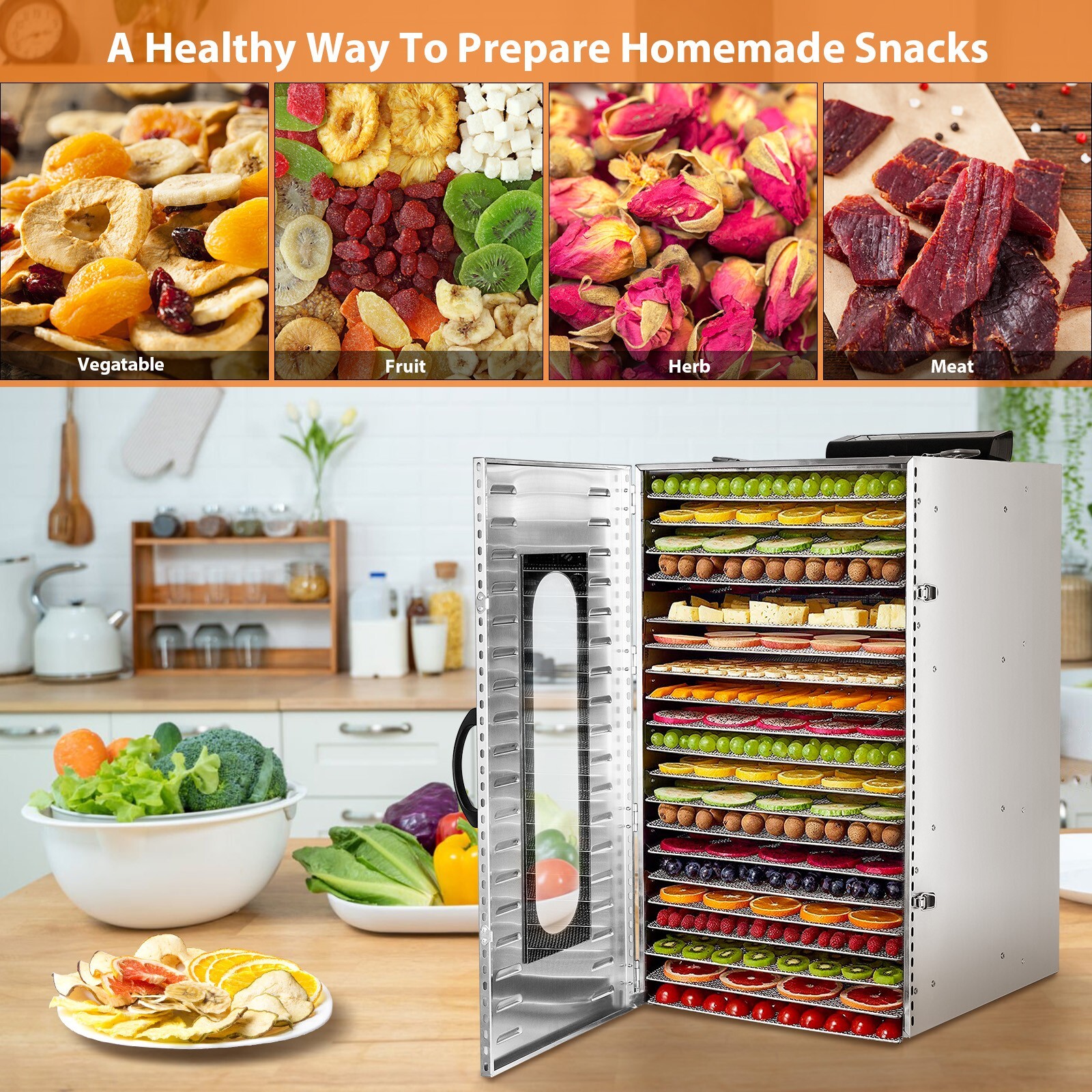 24H Setting 20 Trays Food Dehydrator Machine 304 Stainless Steel Commercial