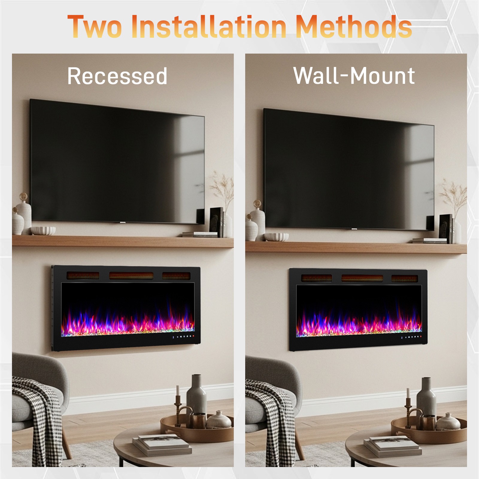 42'' WIFI Electric Fireplace 1500W Wall Mounted & Recessed Fireplace Heater