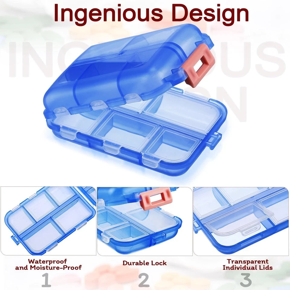 8 Pack Daily Pill Organizer Moistureproof Medicine Box with 10 Compartments