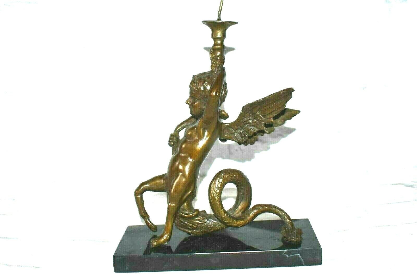Original ART TAYLOR Dragon Boy Bronze Sculpture Candle Holder Marble Base Signed