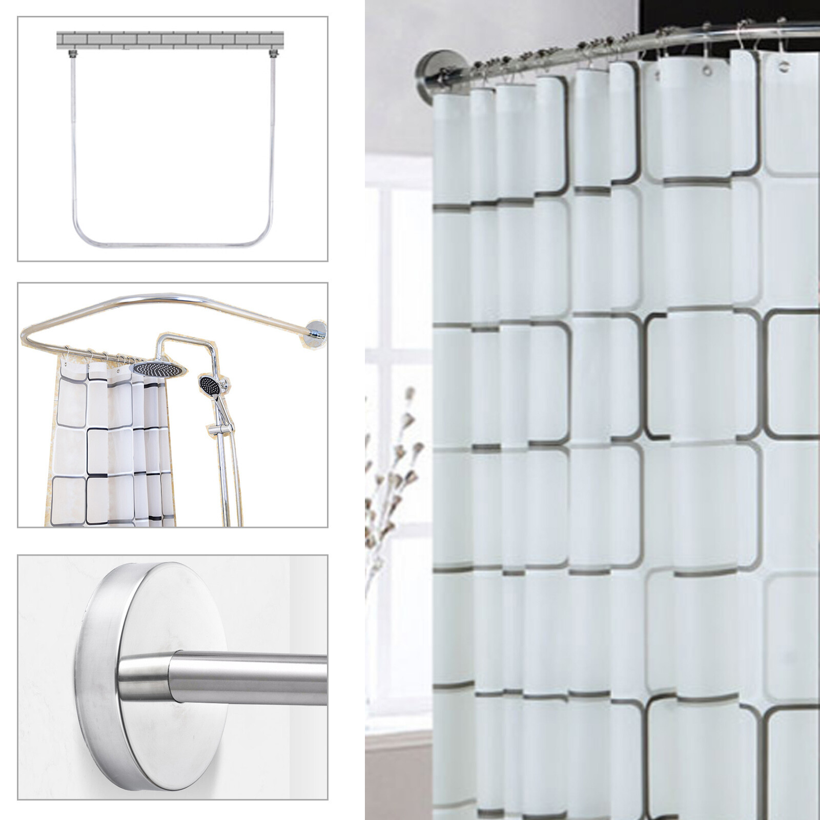 Stainless Steel Shower Curtain Rod 80-130 Cm with 9.8ft*6.6ft Curtain