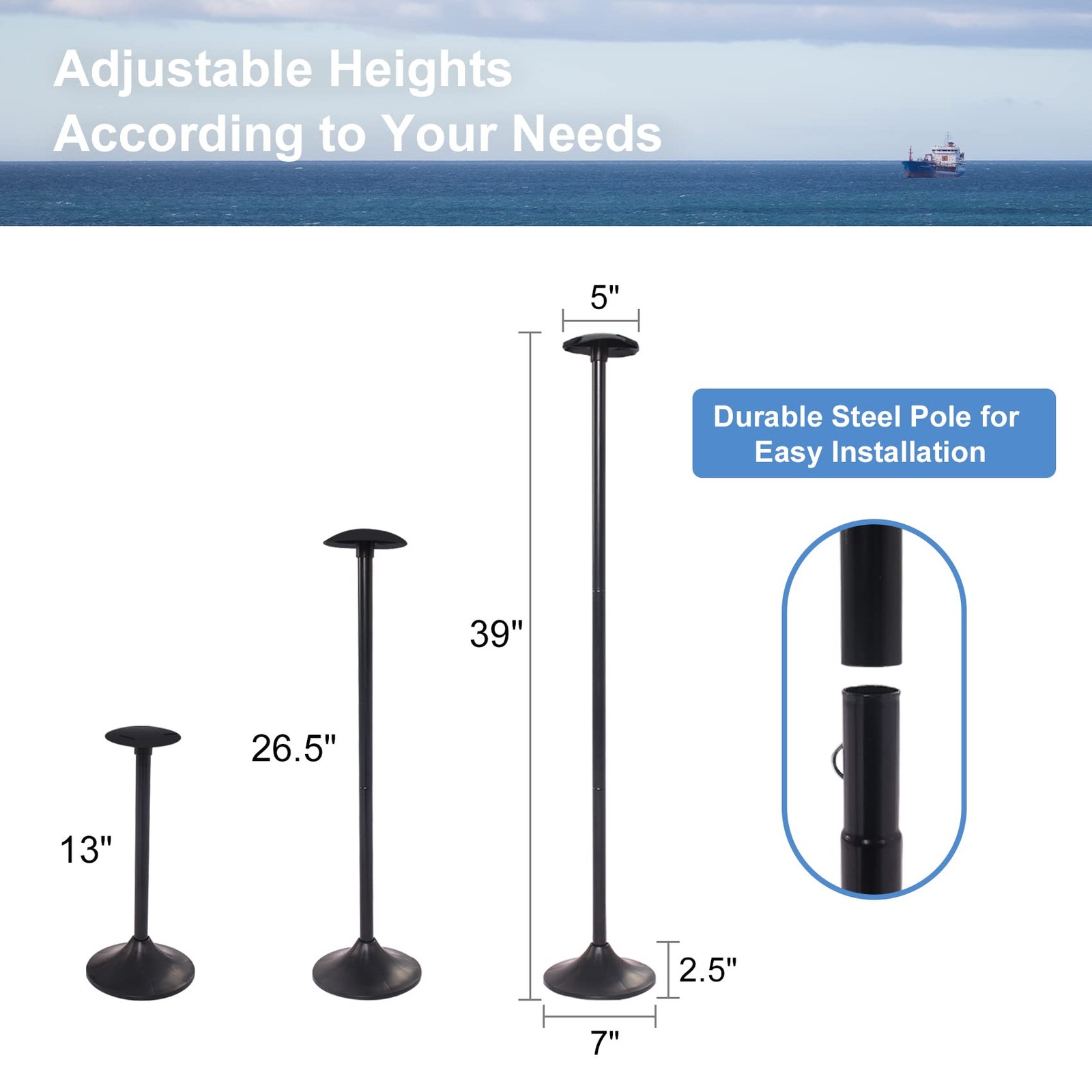 Explore Land Adjustable Boat Cover Support Pole 3 Pieces Pole, Black