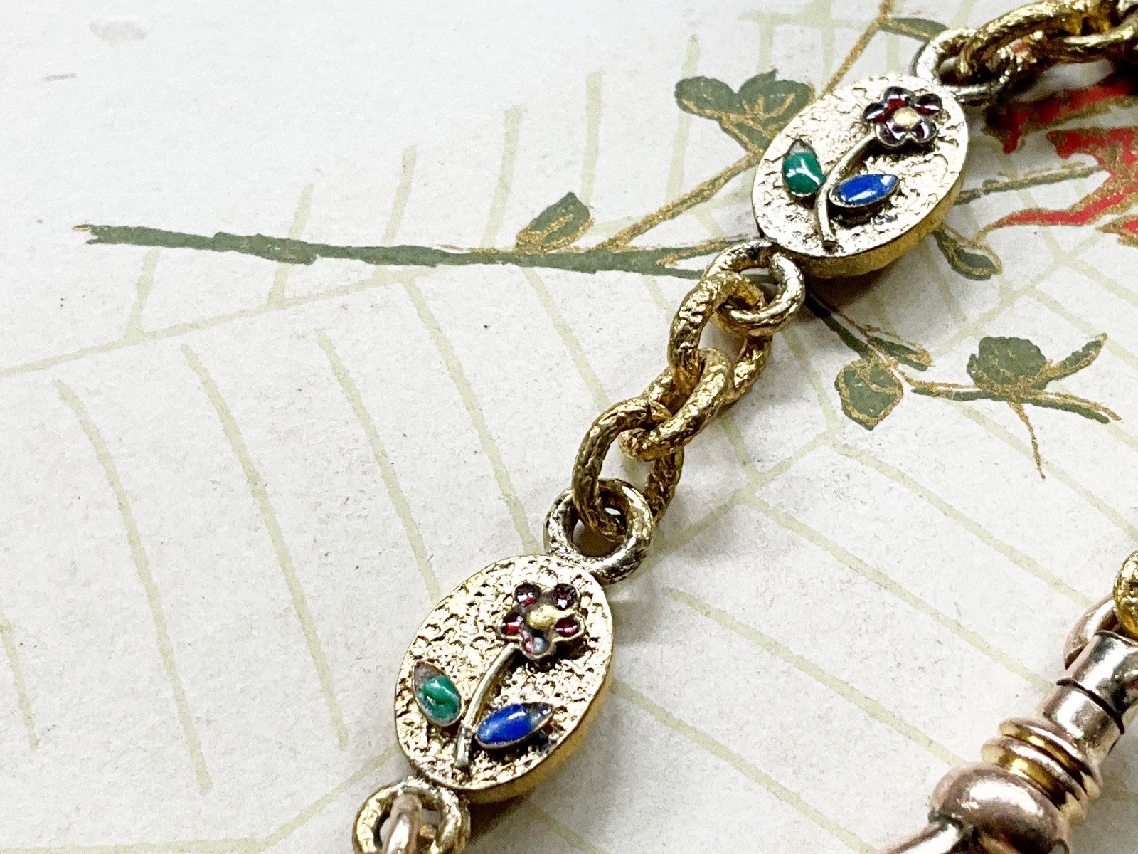 Antique Gold Filled Pocket Watch Chain Fob with Enamel Flowers & Etruscan Work
