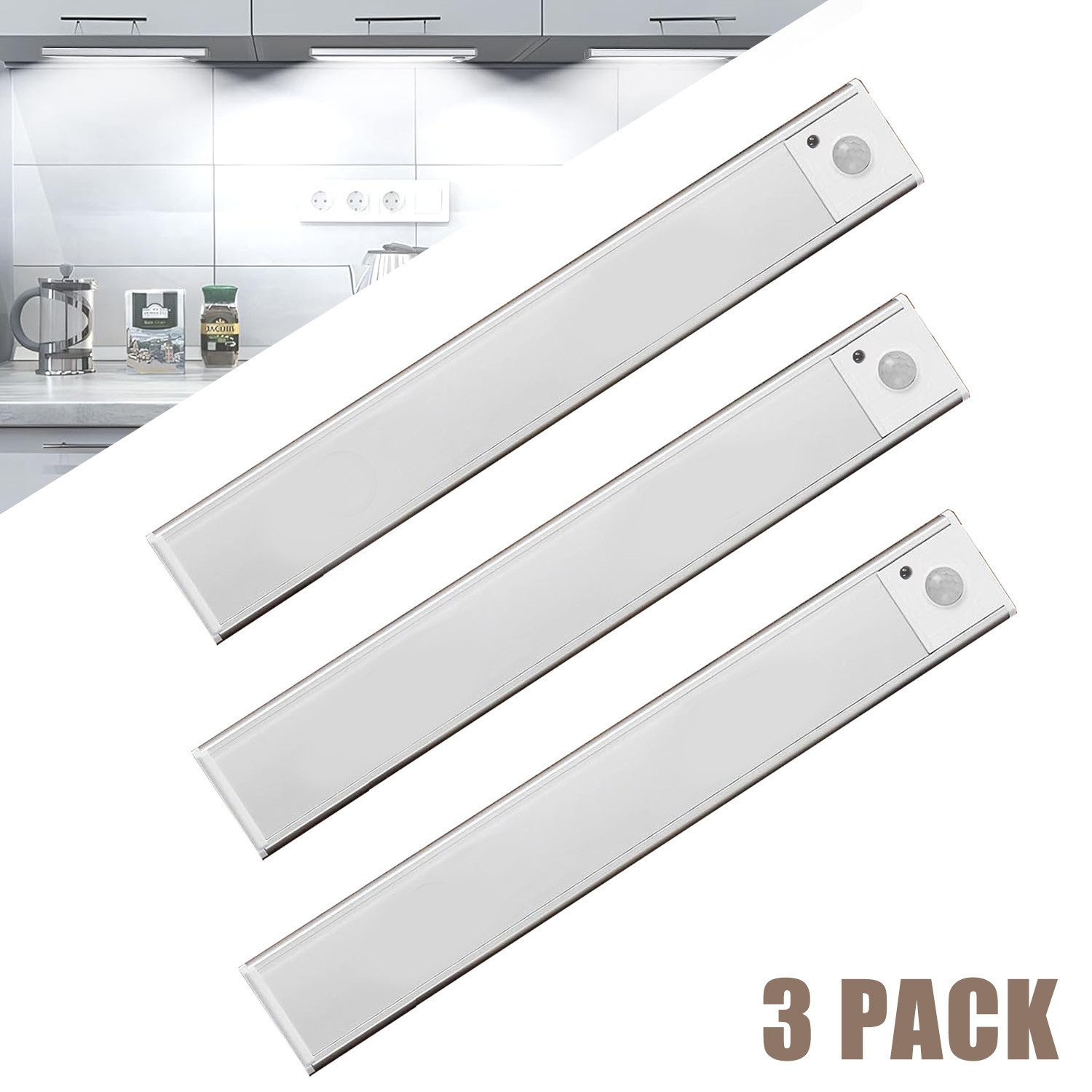 3-Pack LED Under Cabinet Lamp, Rechargeable Motion Sensor, 3 Color Dimmable