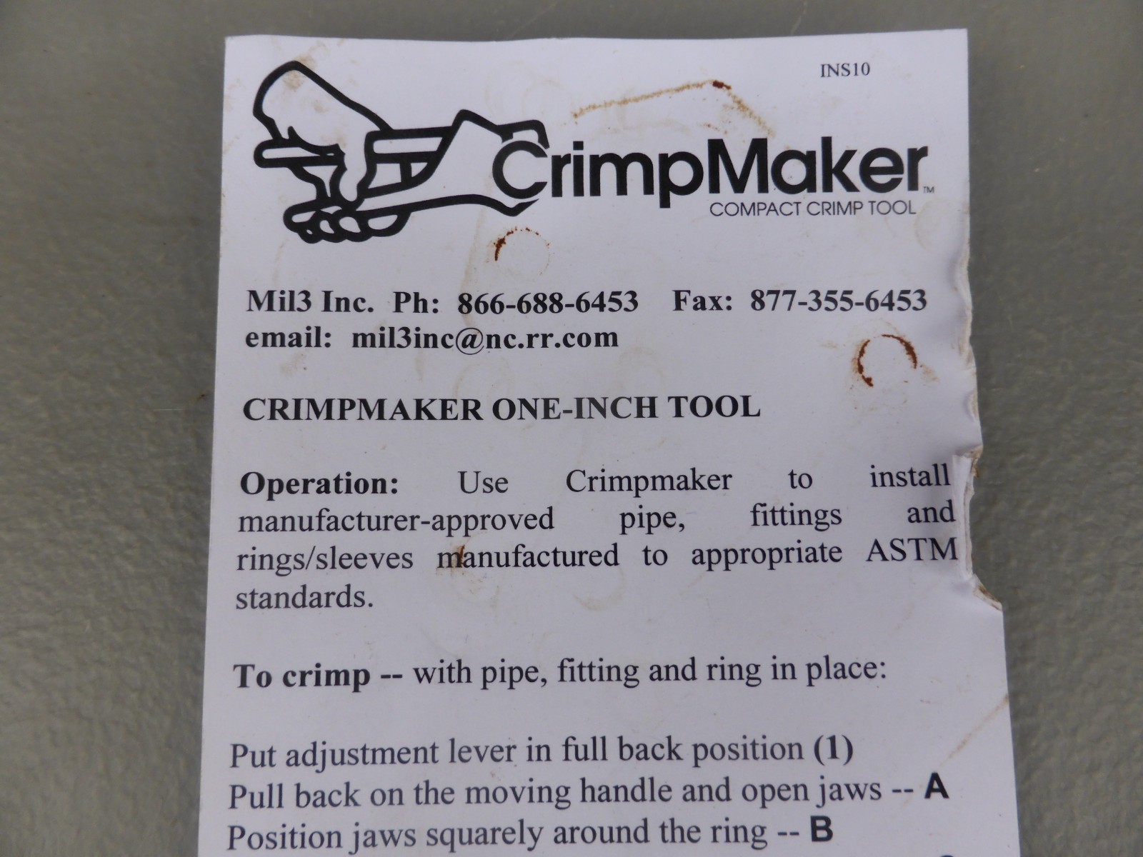 MIL-3 inc 1" PEX Compact Crimp Tool CrimpMaker Made in USA