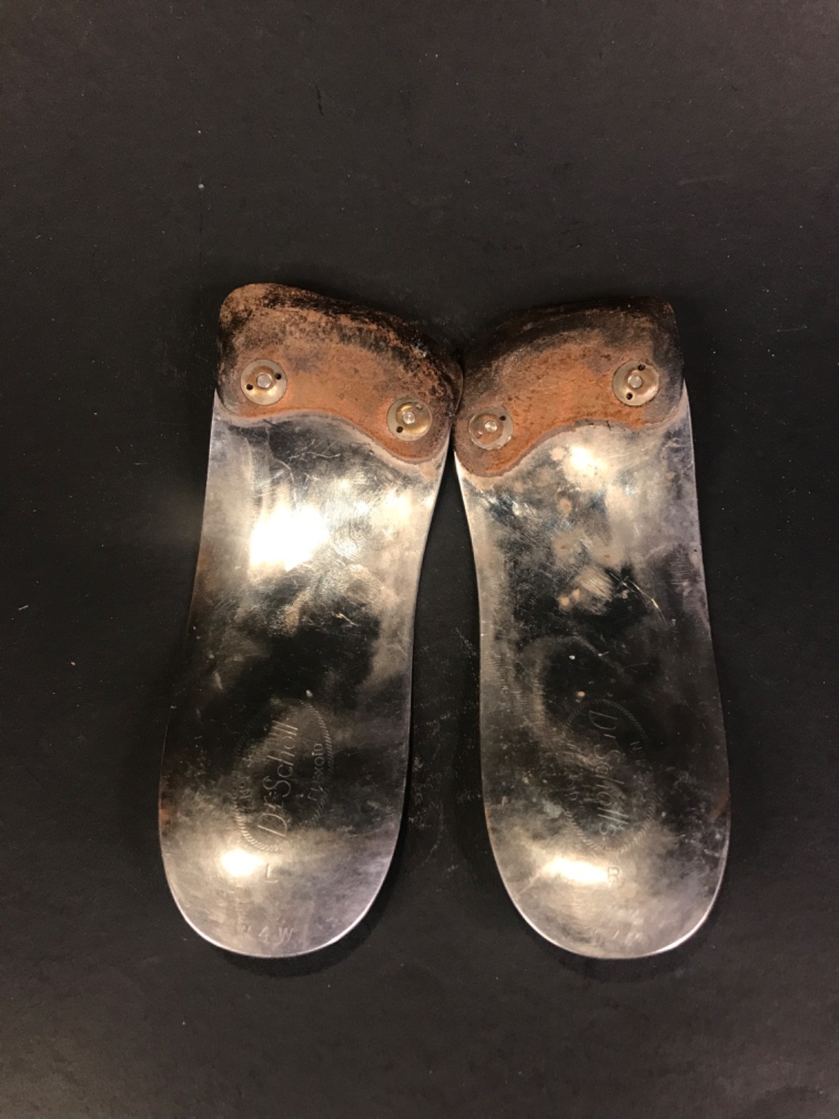 Antique Dr. Scholl's Metal and Leather Flexoid Arch Support Insoles Left & Right