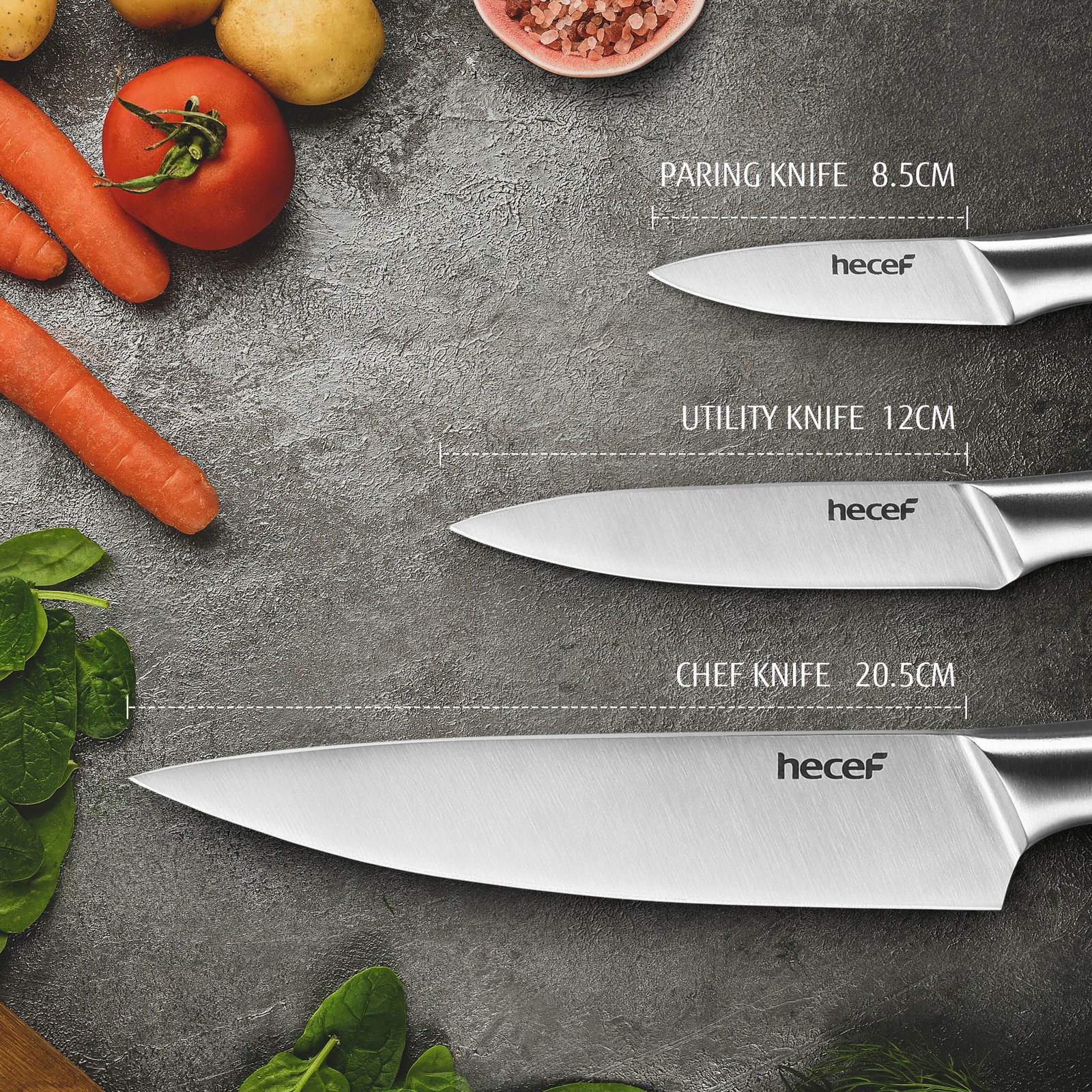 Hecef® Kitchen Knife Set of 3 Ultra Sharp Stainless Steel Chef Knife w/ cover