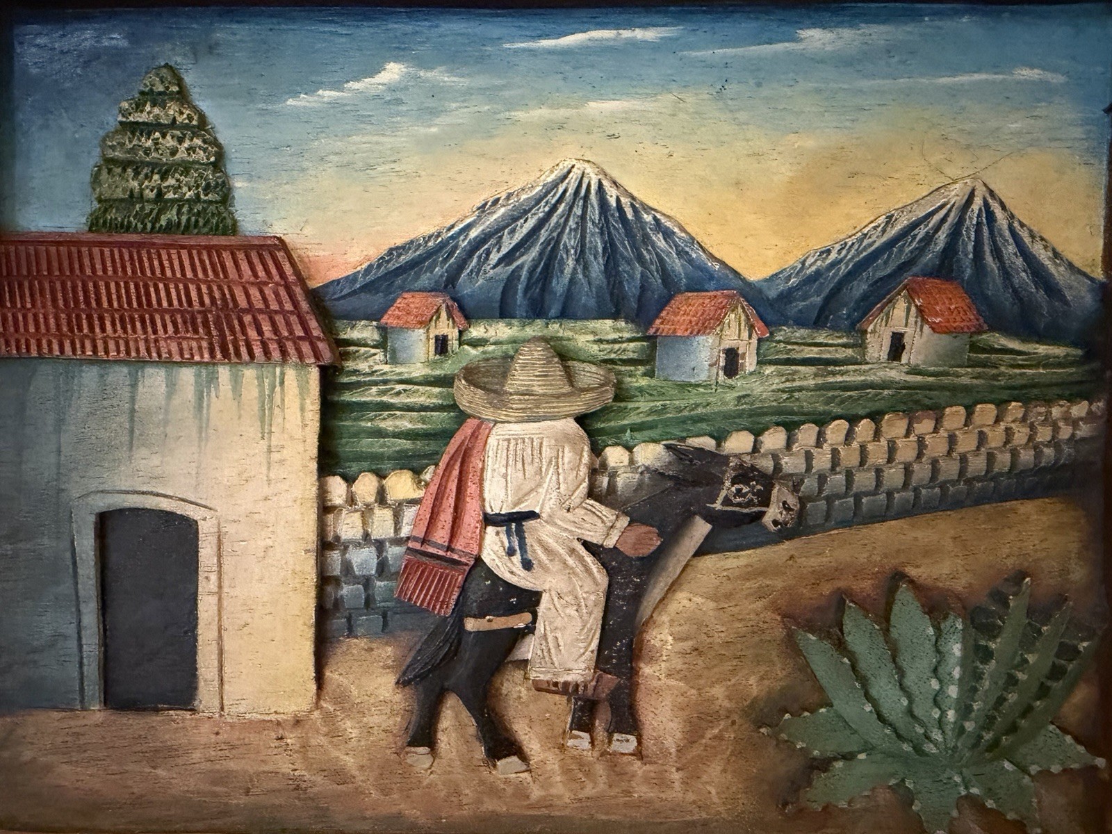 Vintage Mexican Folk Art Wood Carved Bas Relief 11 1/2” X 9”