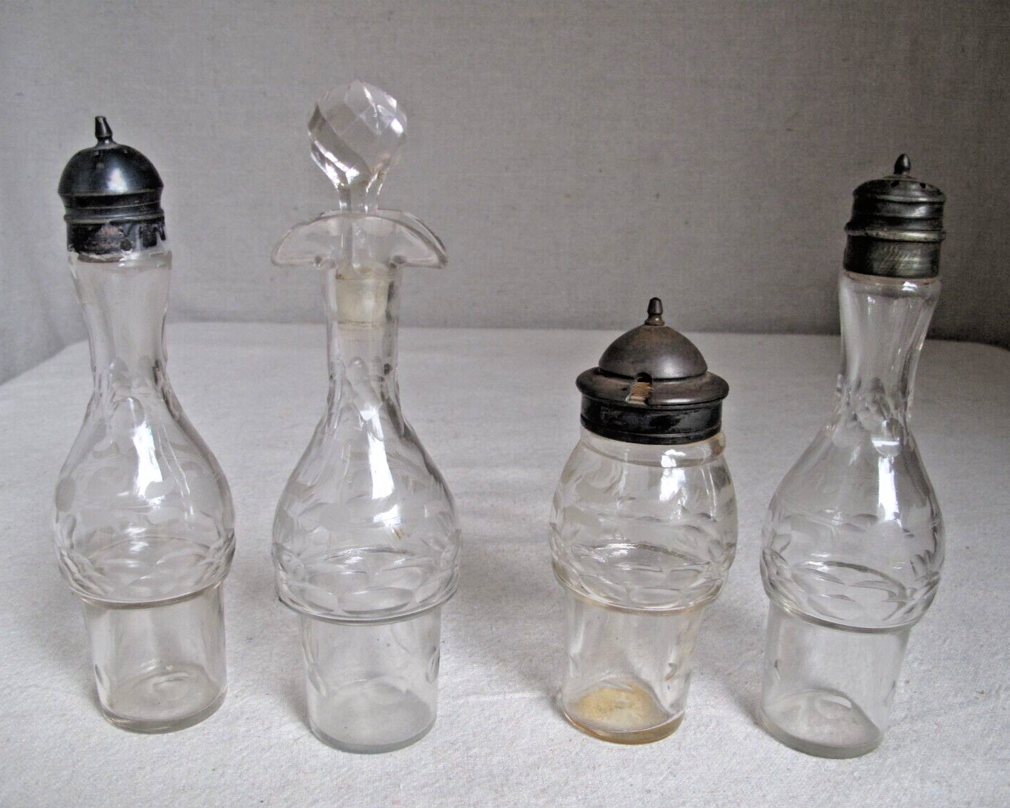 Antique SP Reed & Barton Cruet Castor Set Bell 4 Cut Glass Etched Bottles