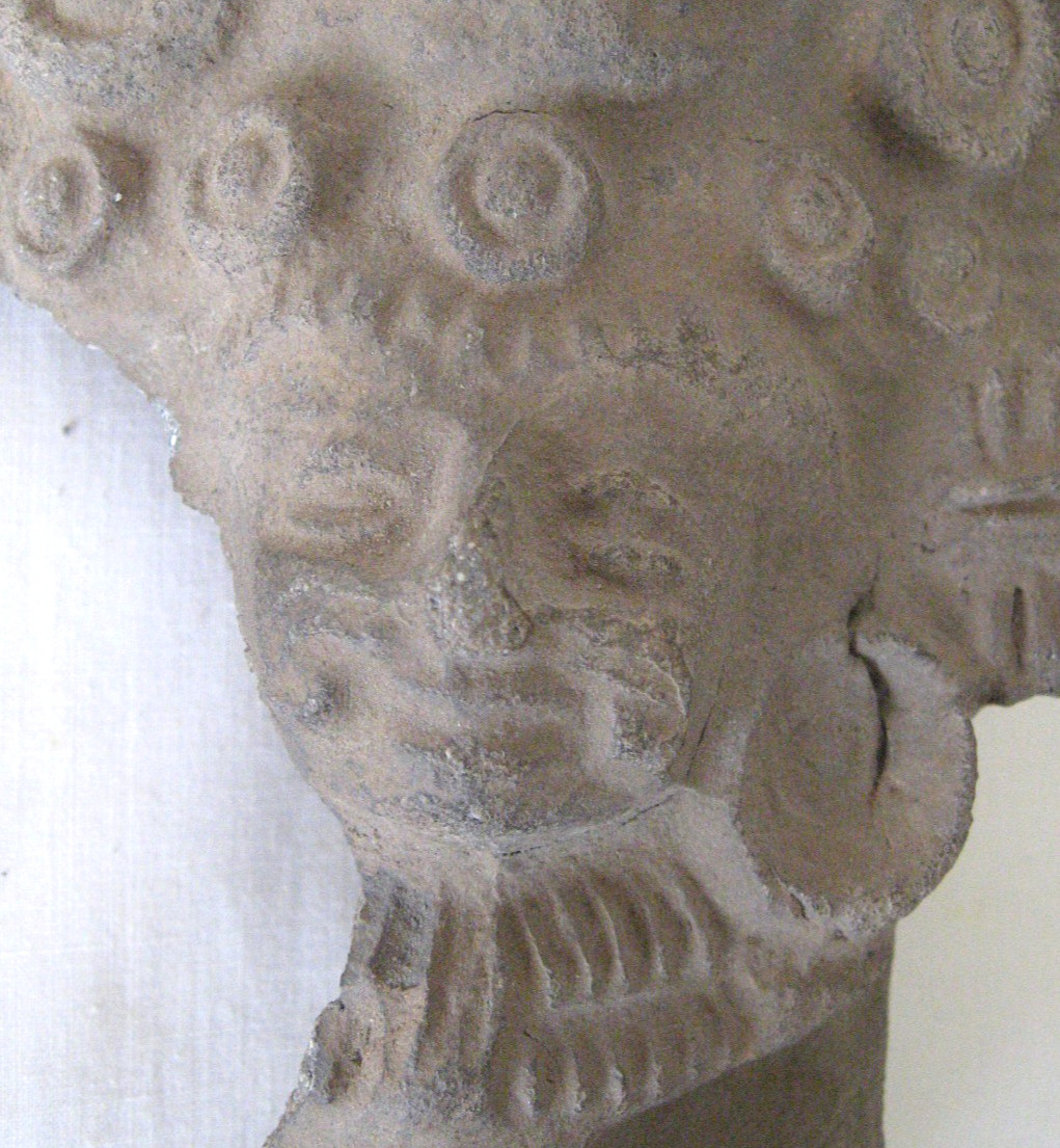 Pre-Columbian Mexican Ceramic Fragment with Heads of Jaguar and Man