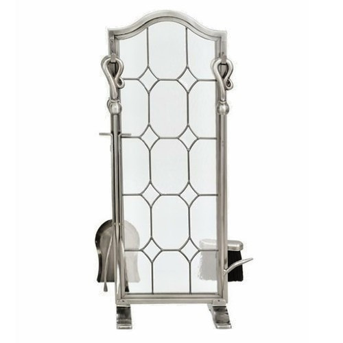 5 Piece Leaded Glass Pewter Fireplace Tool Set - F-1679
