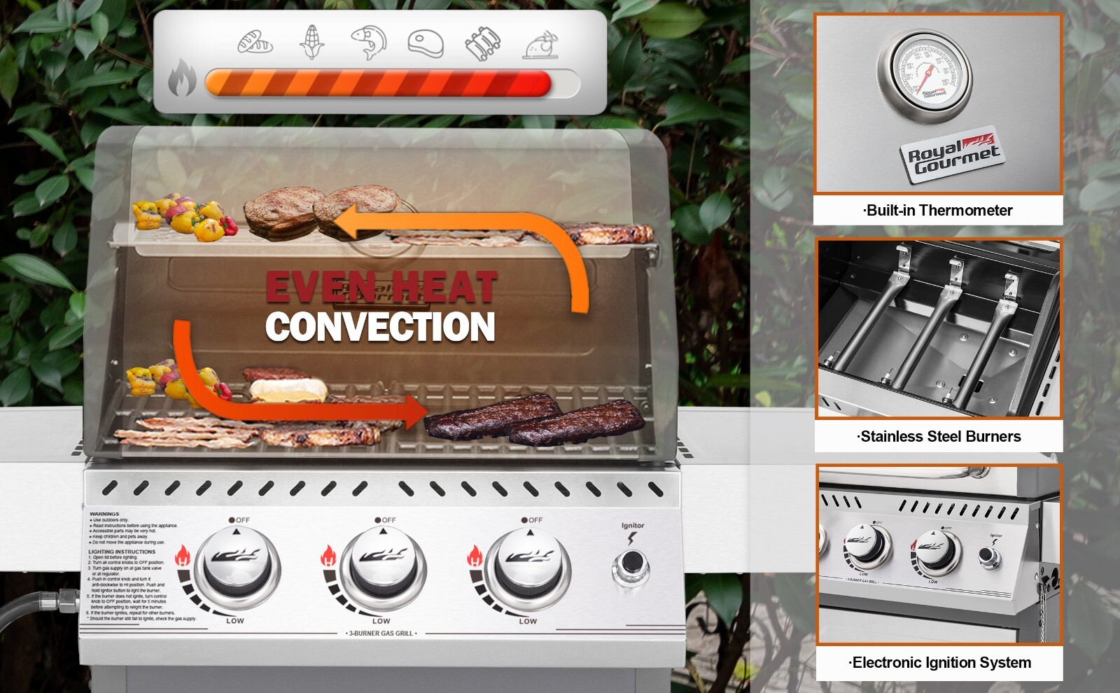 Royal Gourmet 3-Burner Gas Grill Stainless Steel Outdoor Garden BBQ Cooking