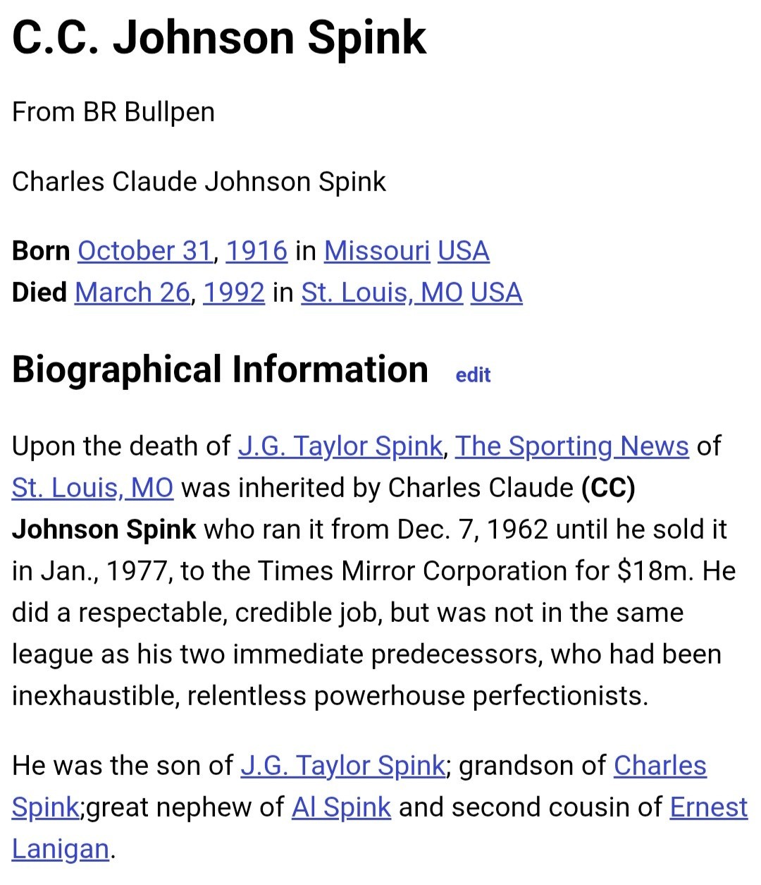 Charles C.C. Spink 100th Anniversary Minor League Baseball 1969 Award