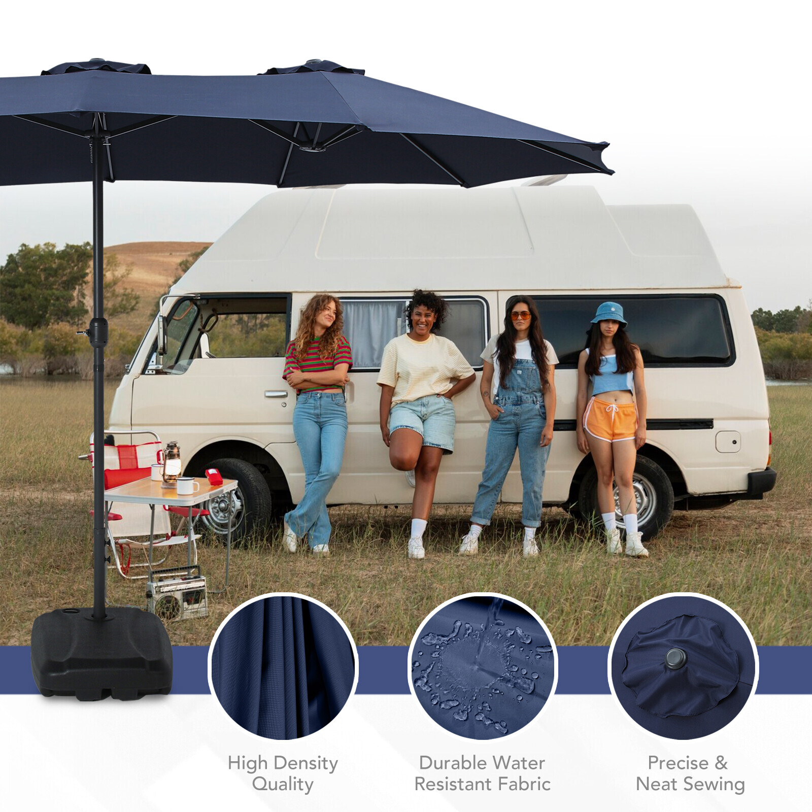 15FT Double-Sided Outdoor Sun Shade Backyard Patio Umbrella Blue w/ Crank & Base