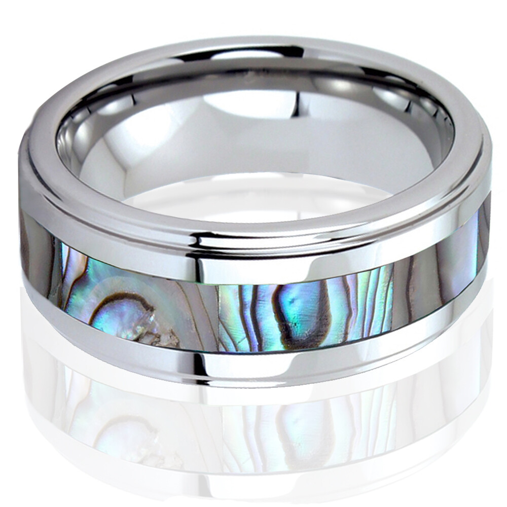 His Hers Tungsten Carbide Men Silver Wedding Band Promise Ring Abalone Shell SET