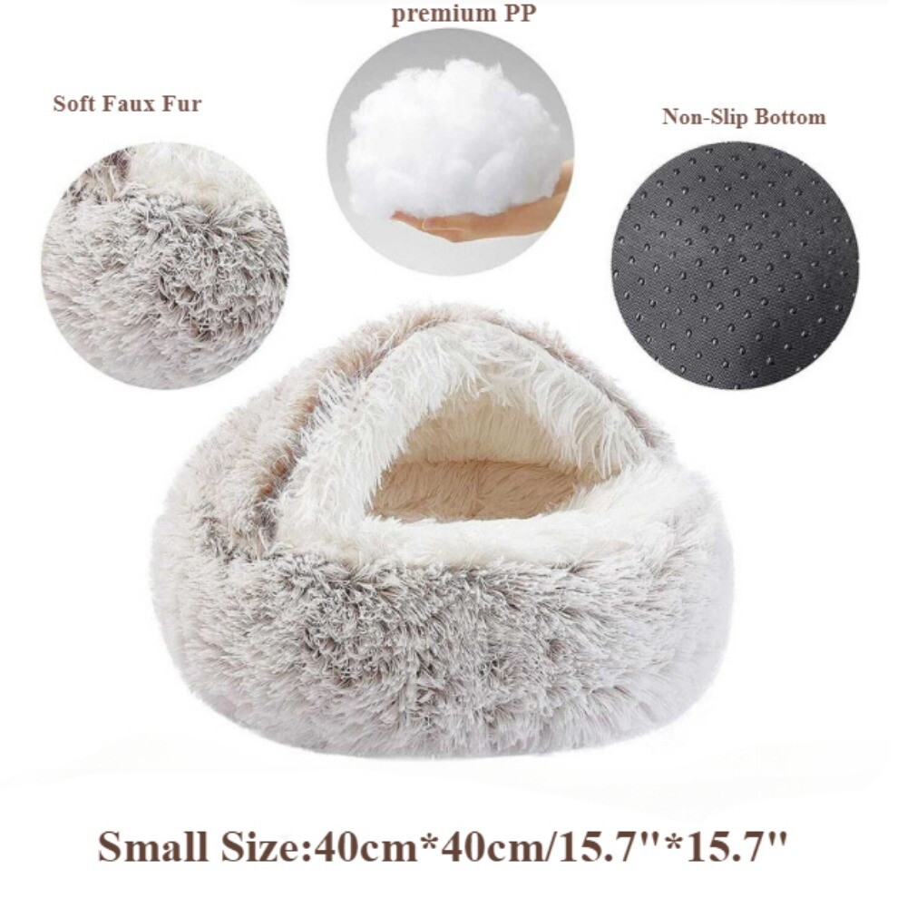 Cat Bed Round Plush Fluffy Hooded Cat Bed Cave Soothing Pet Beds Small 16in*16in
