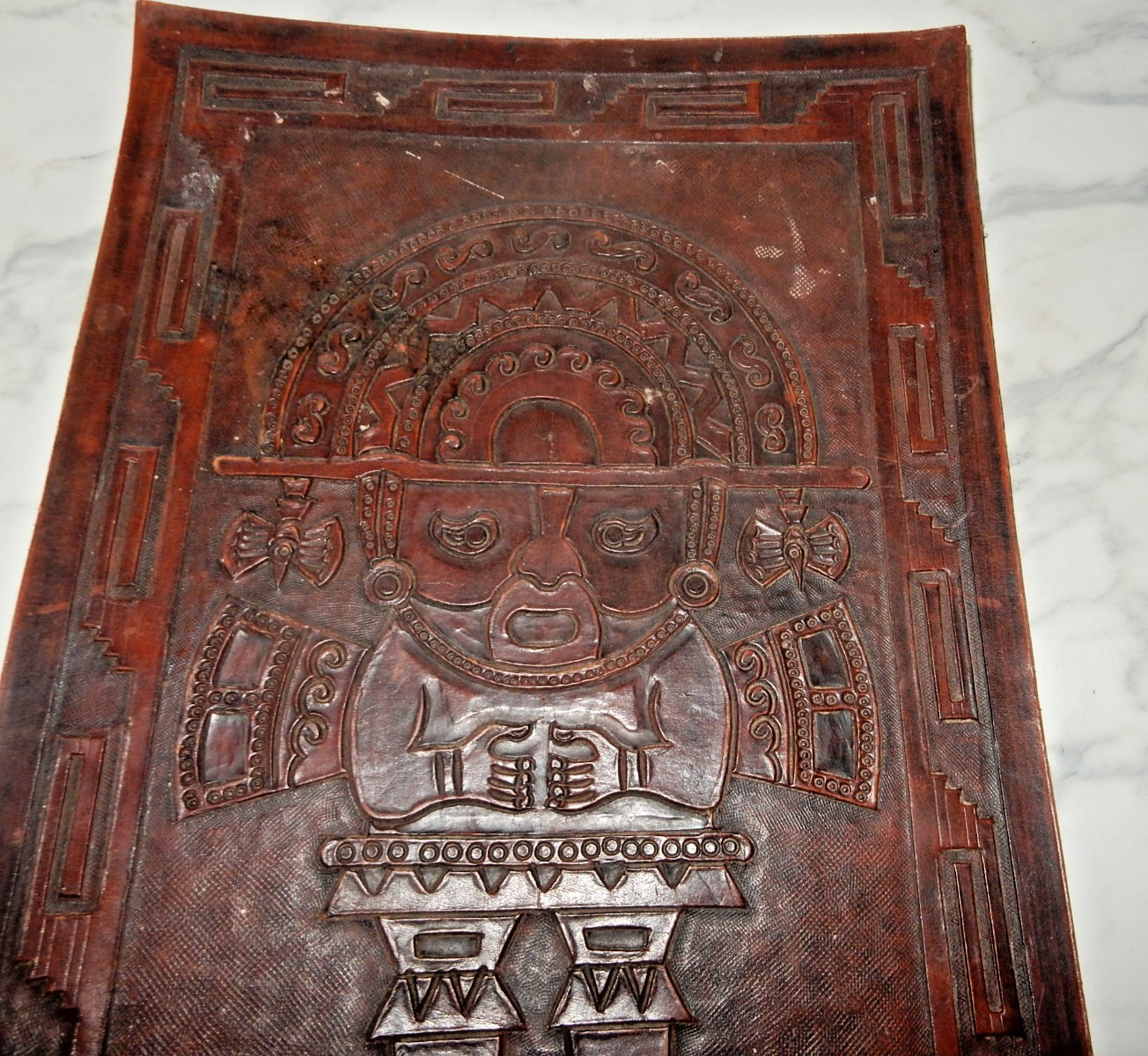 Vintage Peru Peruvian Tooled Leather Tumi Mayan Inca 11"X19"