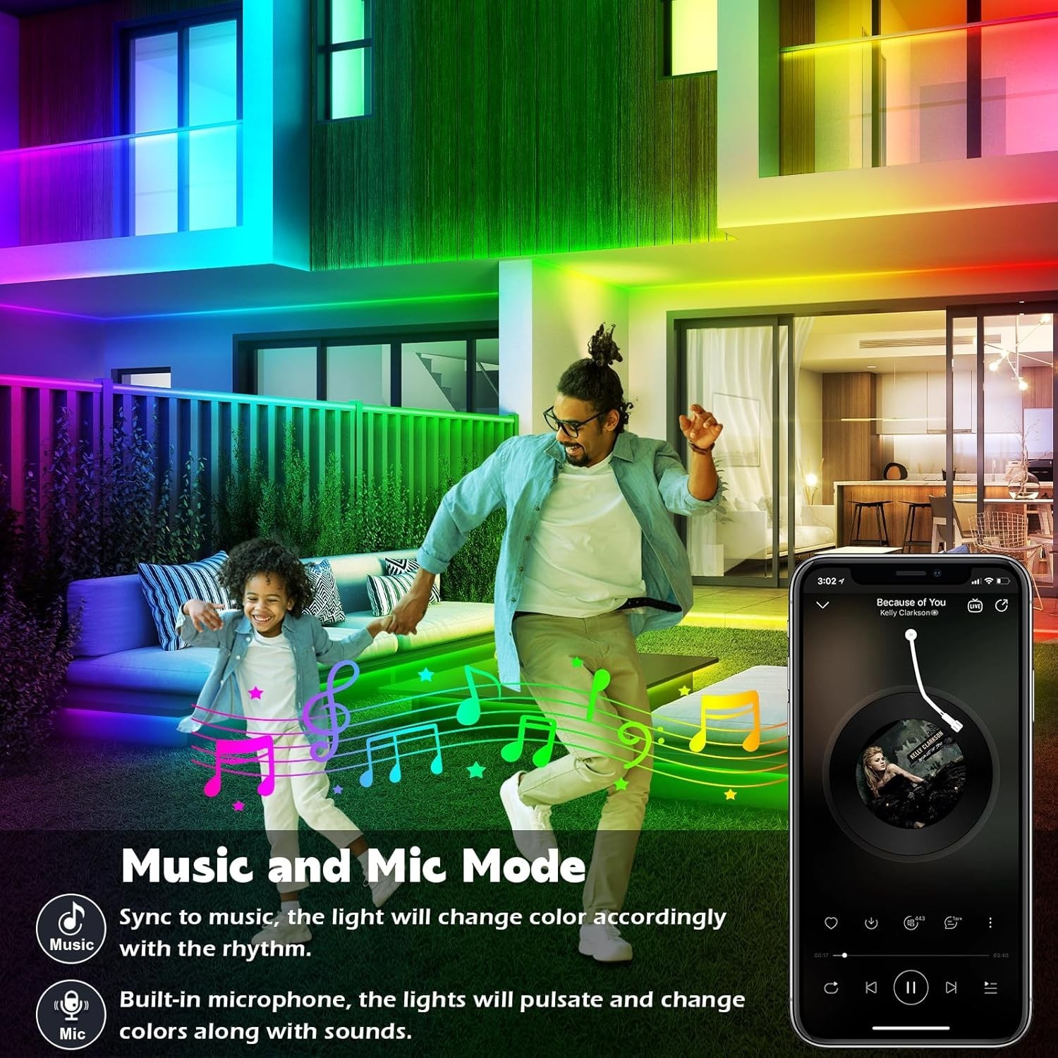 200ft Outdoor RGB LED Strip Lights Waterproof IP68, Music Sync, App & Remote Con