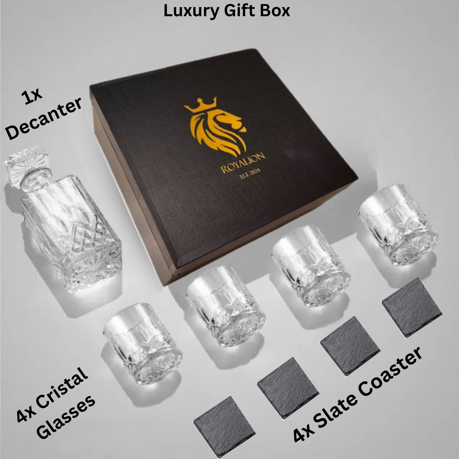Whiskey Decanter 5 Piece w/4Glasses- Luxury Gift Box to Your Man By ROYALION