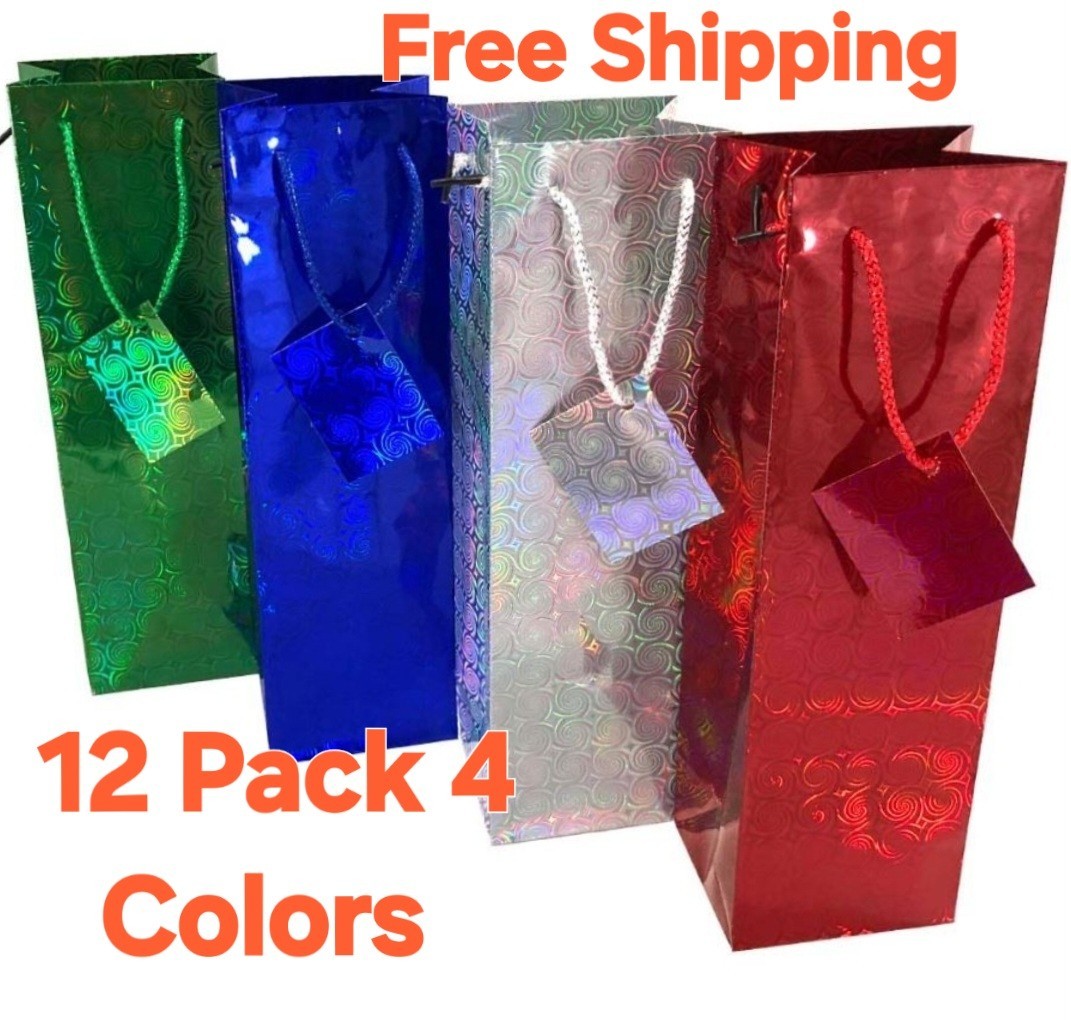 12 Pack Hologram Wine Gift Bags, 4 Different Colors 13"×4"×3.5 Free Shipping