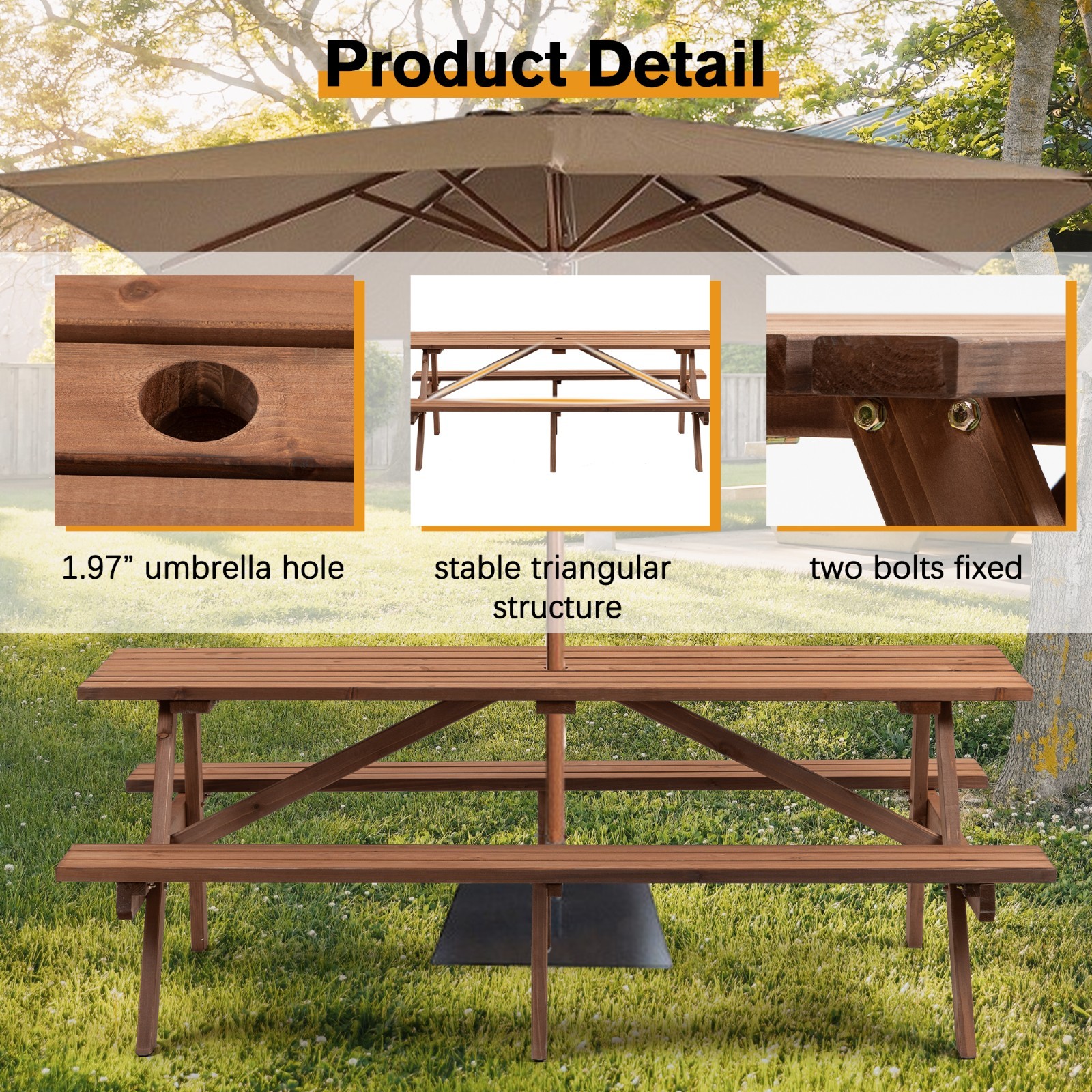 6-Person Outdoor Rectangular Wooden Picnic Table with Built-in Benches, Brown