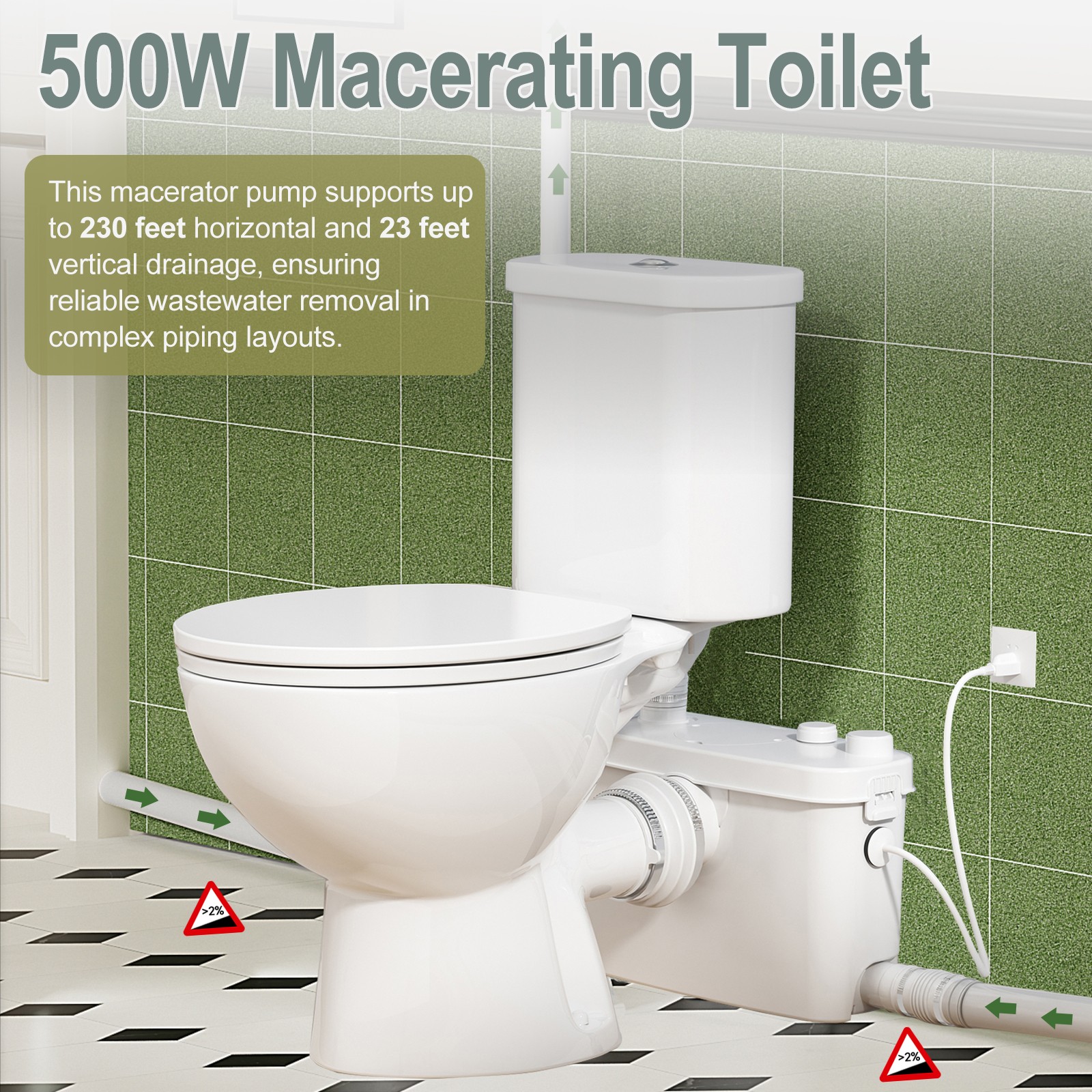 500W Upflush Macerating Toilet System with Pump & 4 Inlets for Basement White