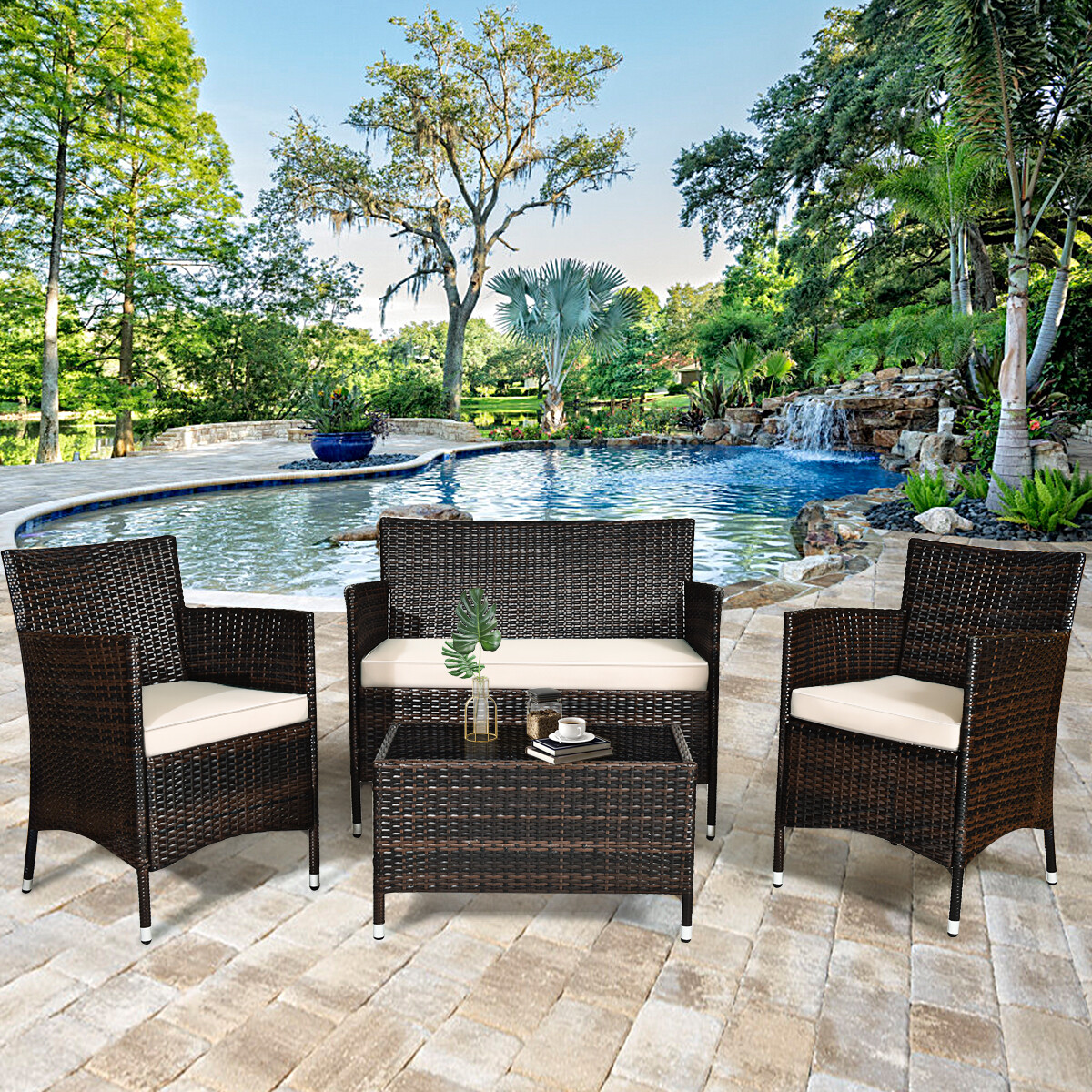 8 PC Patio Rattan Sofa Set Outdoor Patio PE Cushioned Couch Wicker Furniture